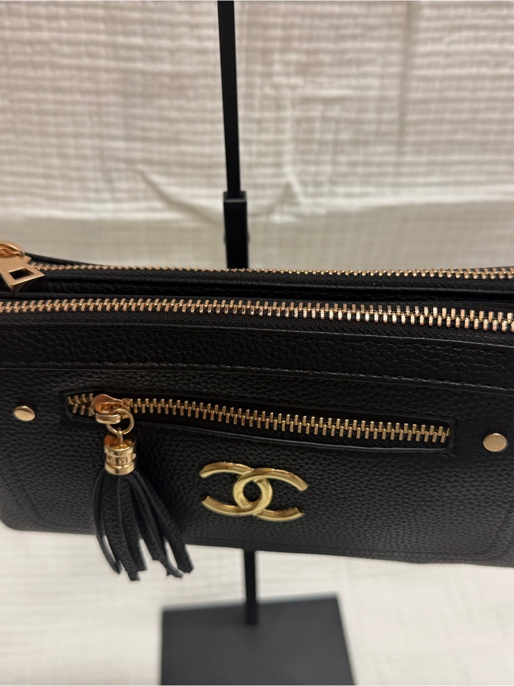 Black Caviar Leather Wristlet Clutch with Gold Logo - Picture 2 of 8